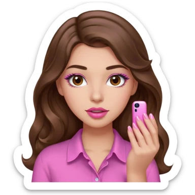 girl with long wavy brown hair, brown eyes, light to medium complexion, in a pink shirt, pink lips, long lashes, puckered lips, showing off a pink manicure sticker