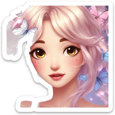 gorgeous shiny blushing anime lady with butterflies and beautiful hair fairycore high quality detailed vogue trending aesthetic sticker