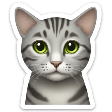 A light grey cat with darker tabby stripes, green eyes sticker
