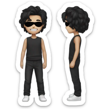 A boy with cearly black hair wear a black mask sticker