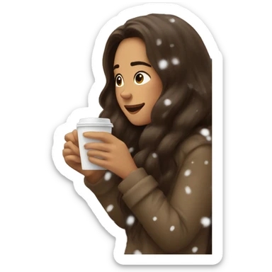Woman with long brown hair is eating croissant and drinks coffee at home snowing outside the window sticker