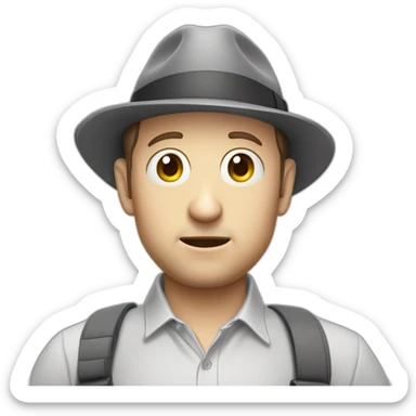 tim robinson wearing a grey fedora with a grey flap on the back white shirt looking scared sticker