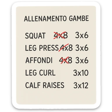 foglio di carta con scheda di allenamento gambe in italiano con volume di allenamento ridotto (fai alcuni esercizi con 4x8 scritti in precedenza sbarrati in rosso e la correzione accanto tipo 3x6), scrivila al meglio che puoi sticker