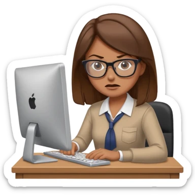 Uma mulher de cabelo castanho que é professora e um pouco brava a trabalhar no computador sem usar óculos sticker