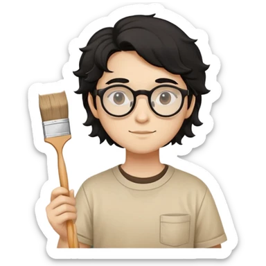 Reliable young painter with round glasses, wavy black hair, beige art shirt, with square paintbrush sticker