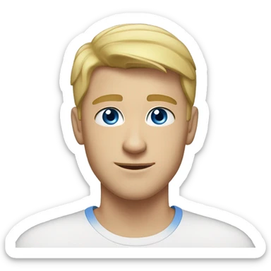 A head and shoulders shot of a 22 year old Caucasian man, with short blond hair,   with blue eyes wearing a t-shirt. sticker