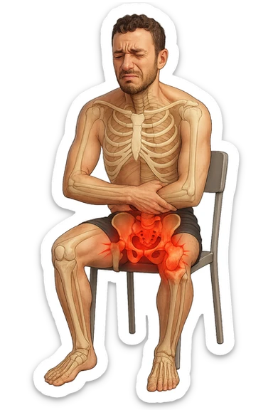 fai questo ragazzo identico MA IN POSA FRONTALE, ma fallo seduto su una sedia semplice e mettigli un bacino anatomico infiammato in evidenza sul corpo e un espressione di dolore in volto, ossa visibili, iperrealistica in 3d sticker