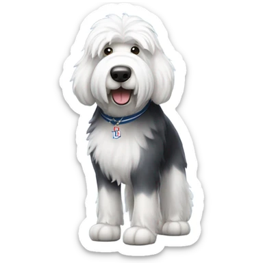 Old English Sheepdog full height wearing a Los Angeles dodgers shirt sticker