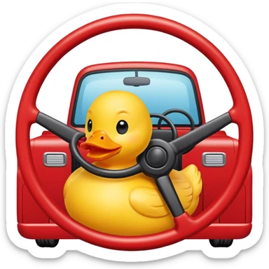 yellow rubber ducky at the steering wheel driving a red truck sticker