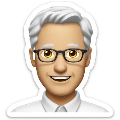 Middle-aged Caucasian man with short gray hair and glasses, wearing a white collared shirt and smiling sticker