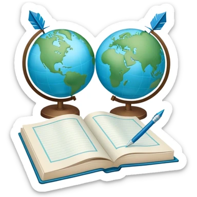Create an emoji representing language translation. The design should feature a single globe in the background, symbolizing international communication. In front of the globe, place two books or sheets of paper, with a pen nearby to indicate the act of writing. Add two arrows pointing in opposite directions between the sheets to represent the translation process. Use a clean and professional color palette with blues, greens, and neutral tones. Do not include any emojis or smiley faces. Make the background transparent sticker