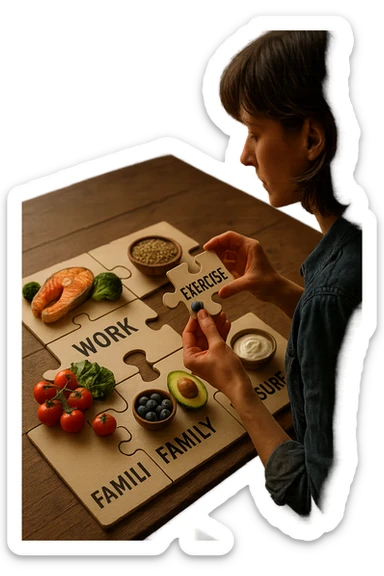 realistica cinematic photo a person is surrounded by puzzle pieces, each representing a different aspect of their life (work, exercise, family, leisure), and healthy foods are integrated into each piece. The person assembles the puzzle, creating a complete, personalized nutrition plan. The mood is uplifting and creative. in italiano sticker