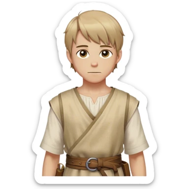 medieval summer outfit worn by a DnD themed fantasy male character. basic sleeveless tunic made of thin hemp fabric, tied at the waist with a cloth belt. clothes only above the waist. The clothes full waist. The character's haven't arms. character is white-skinned, light brown hair, hazel eyes, short straight hair. sticker