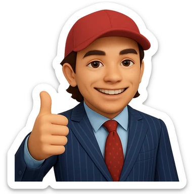 Create a 60% realistic emoji of a smiling man in a pinstripe suit and red cap, giving a thumbs up. The style should blend emoji and realism with more realistic details than the 50% version but still stylized. Transparent background. sticker