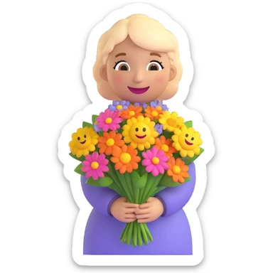 3D smiley emoji, round shape, grandmother with a bouquet of flowers, smiling, purple color sticker