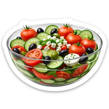 mediterranean salad bowl object icon, served in a transparent glass bowl, tomatoes, cucumbers, olives, feta cheese, olive oil dressing, glossy fresh look, 3D cartoon, mobile game icon style, centered, clean background, soft shadow, no text, no watermark sticker