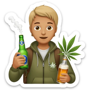 Drunk and high rubber duck holding beed bottle and a bag of weed sticker