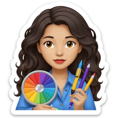 female dark wavy long hair graphic designer , color wheel, pens, papers sticker