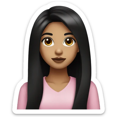 girl She has dark brown eyes, long black hair, straight and styled. She has an olive skin tone and wears black clothing, which contrasts with her fair complexion. pink lips sticker