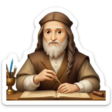 Cinematic Realistic Leonardo da Vinci Portrait Emoji, depicted as the quintessential Renaissance polymath with deep, thoughtful eyes, a flowing beard, and a quill or sketchbook in hand. The scene is illuminated with warm, classical lighting, evoking the atmosphere of a master artist’s workshop, surrounded by early sketches of inventions and masterpieces like the Mona Lisa. sticker