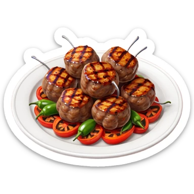 Akçaabat meatballs object icon, grilled Turkish kofte pieces on a plate, smoky char marks, juicy texture, served with grilled peppers and tomatoes, 3D cartoon, mobile game icon style, centered, clean background, no text, no watermark
 sticker