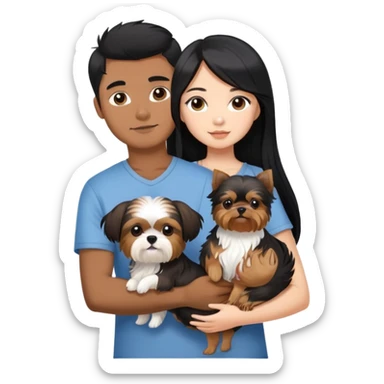 A beautiful Asian girl with long black hair is holding a small Yorkshire Terrier. She is standing next to her brown skinned boyfriend, who is holding a Shih Tzu. They are each holding one dog each sticker