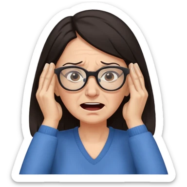 middle aged woman with dark hair and glasses covering her ears, wincing in pain because the sound is terribly loud and hurting her ears sticker