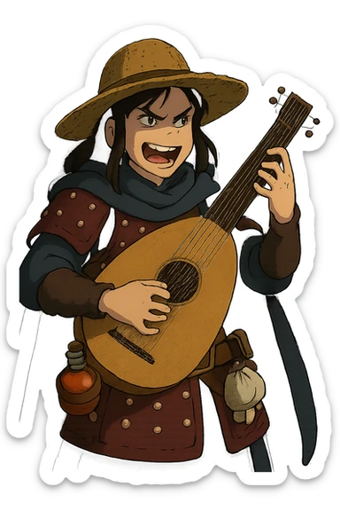 A female bard wearing brigandine armor with a sturdy straw hat, playing a fat medieval lute and singing, night time shadows, tool belt with red potion and bandages, portrait , mischievous grin, anger sticker