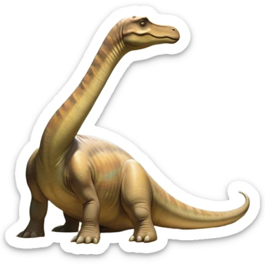 Beautiful and Majestic Brachiosaurus Portrait Emoji, Head and body resting in serene repose with a gentle, confident expression, showcasing its monumental, elongated neck and a small, refined head with tranquil eyes, Simplified yet exquisitely endearing features, highly detailed, glowing with a soft, drowsy golden light, high shine, relaxed and utterly majestic, stylized with an air of timeless prehistoric splendor, soft glowing outline, capturing the essence of a beautiful and majestic Brachiosaurus that feels destined to become the next viral icon of awe-inspiring ancient beauty! sticker