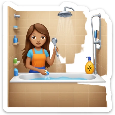 beautiful girl with long brown hair constructing new bathroom area with new shower and amenities  sticker