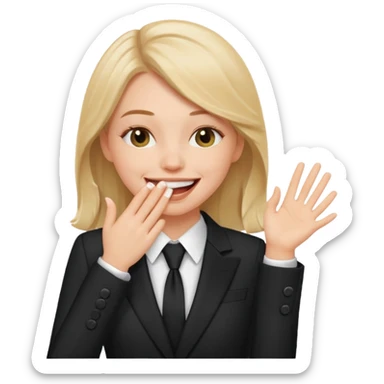 a white girl in a formal suit laughs, covers his mouth with his hand sticker