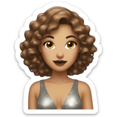 female with brown wavy hair dressed in a glitter dress and makeup, with disco ball sticker