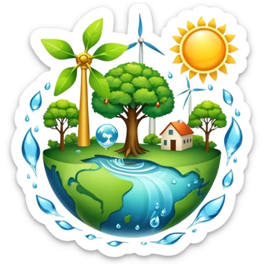 An icon featuring a green Earth, a tree, recycling symbols, and renewable energy sources like wind turbines, solar panels, and hydropower. The design includes animals, water droplets, and the sun, representing ecology, sustainable energy, and environmental protection. Transparent background. sticker