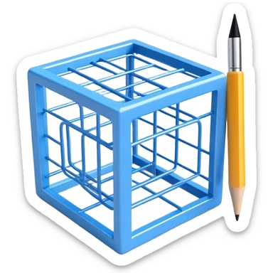 Create an emoji for 3D visualization and modeling. Show a 3D wireframe model or shape (e.g., a cube or sphere) with a design tool like a stylus and 3D rendering software interface. Use modern, professional colors. Do not include any emojis or smiley faces. Make the background transparent. sticker