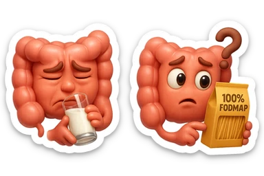 emoji stile iphone di un intestino che beve latte e ha un espressione di dolore e un intestino che guarda un pacco di pasta con la scritta "100% FODMAP" SULL'ETICHETTA CON ESPRESSIONE CONFUSA, iperrealistico 4k, isolato su sfondo bianco sticker