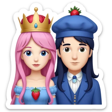 pale blueberry prince man. Handsome with long black hair blueberry hat and clothes next to pale strawberry princess woman with strawberry hat eyelashes long pink hair and Pink strawberry dress sticker