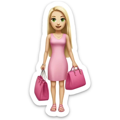 Realistic White girl with Long straight blonde hair and green eyes, tattoos, full body wearing pink dress, holding pink handbag sticker