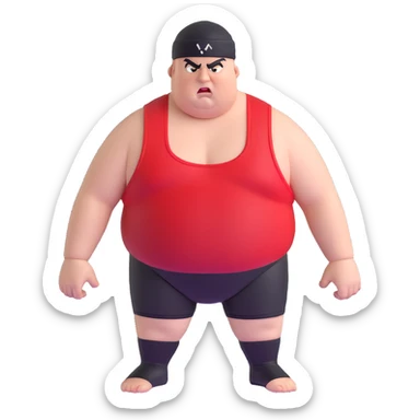 Close-up of white skin fat guy with young face, no muscle with prominent black durag, completely shaved face, no beard or mustache, black eyes in a red and black wrestling singlet with angry face sticker