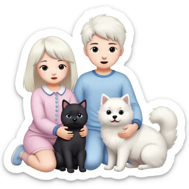 children in pastel clothes play with a Samoyed and a black British cat sticker
