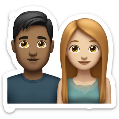 a married couple standing beside eachother, one has pale skin and long straight ginger hair with bangs and blue eyes, the other person is a man that is mexican and has straight chin length black hair with brown eyes sticker
