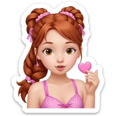 A cute ukrainian girl, with long auburn hair two side ponytails plaited, in her pink bathing costume, she's blowing a kiss. sticker
