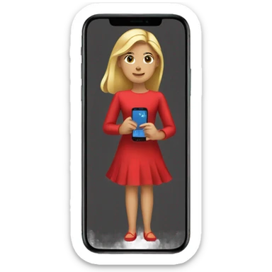 a girl in a red dress holding a cell phone sticker