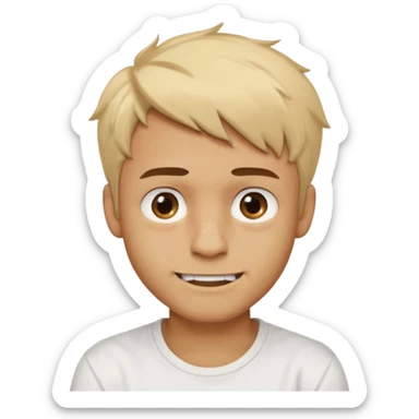 Male with short, messy blonde hair, large expressive golden-brown eyes, brown skin, scar over nose, crooked smile showing slightly damaged teeth, wearing a plain white t-shirt. sticker
