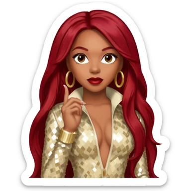 LaTavia Robeson from Destiny's Child with long dark red hair, cream sequin outfit sticker