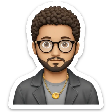 Hombre latino piel marron claro, cara estirada ovalada, gafas redondas oscuras, barba corta, pelo corto a los lados   rizado. Sonrisa leve, expresión tranquila. Camiseta gris, jacket negro abierto, collar G dorado sticker