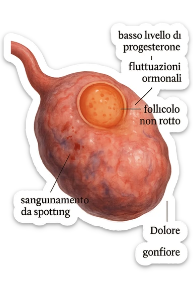 realistic and cinematic illustration of an ovary with an unruptured follicle, low progesterone, hormonal fluctuations, symptoms of spotting, pain and swelling, clinical details, captions in Italian sticker