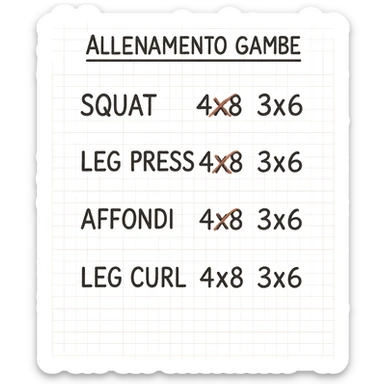 foglio di carta con scheda di allenamento gambe in italiano con volume di allenamento ridotto (fai alcuni esercizi con 4x8 scritti in precedenza sbarrati in rosso e la correzione accanto tipo 3x6), scrivila al meglio che puoi sticker
