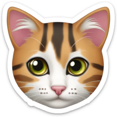 young striped calico cat face with a pink nose, white chin, green eyes, and orange/brown markings sticker