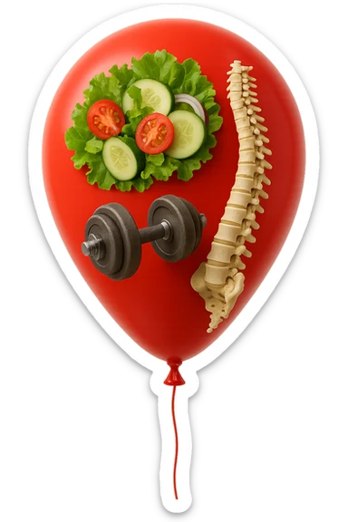 palloncino rosso con all'interno insalata, manubri da palestra e una spina dorsale anatomica realistica in 3d, isolato su sfondo bianco sticker