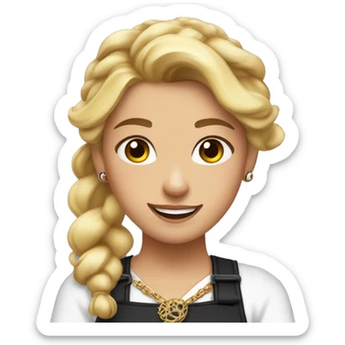 Waitress with white shirt and black apron, curly blonde hair in a pony tail, hazel eyes, lots of bohemian jewelry and bracelets  sticker
